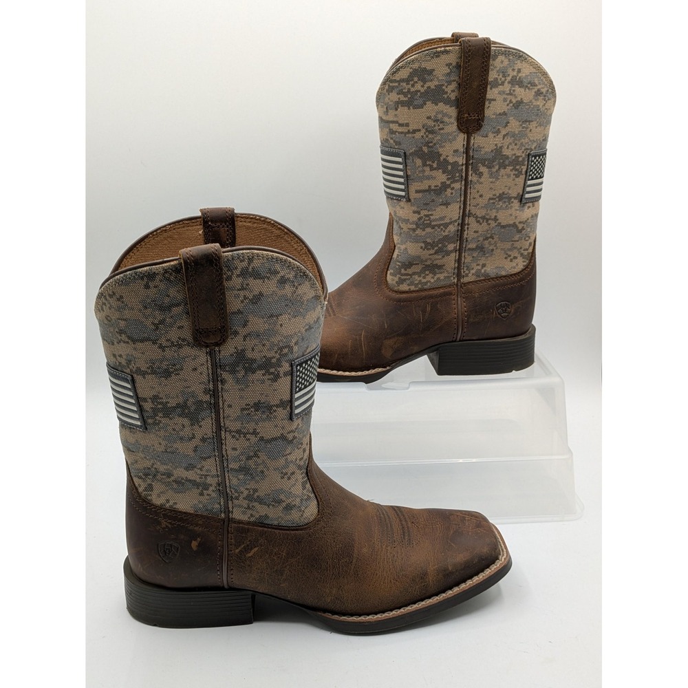 Ariat Wiggle Room Boots Kids Size 4 Brown Camo Flag Western Square Toe 10027279
